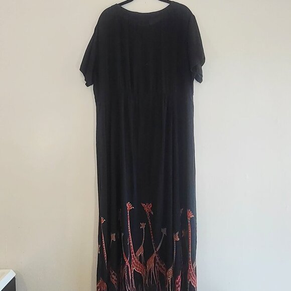 Vintage ORVIS Black Crinkle Maxi Dress Boho Giraffe Nature Safari  Women's Large - Picture 8 of 8